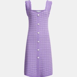Frill Trim Faux Pearl Button Plaid Knitted Dress (SELECT SIZES FOR PRE-ORDER)