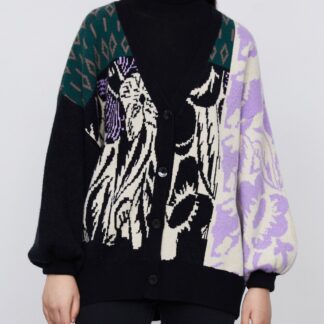 Puff Sleeve Ribbed Crew Neck Collar Knitted Cardigan